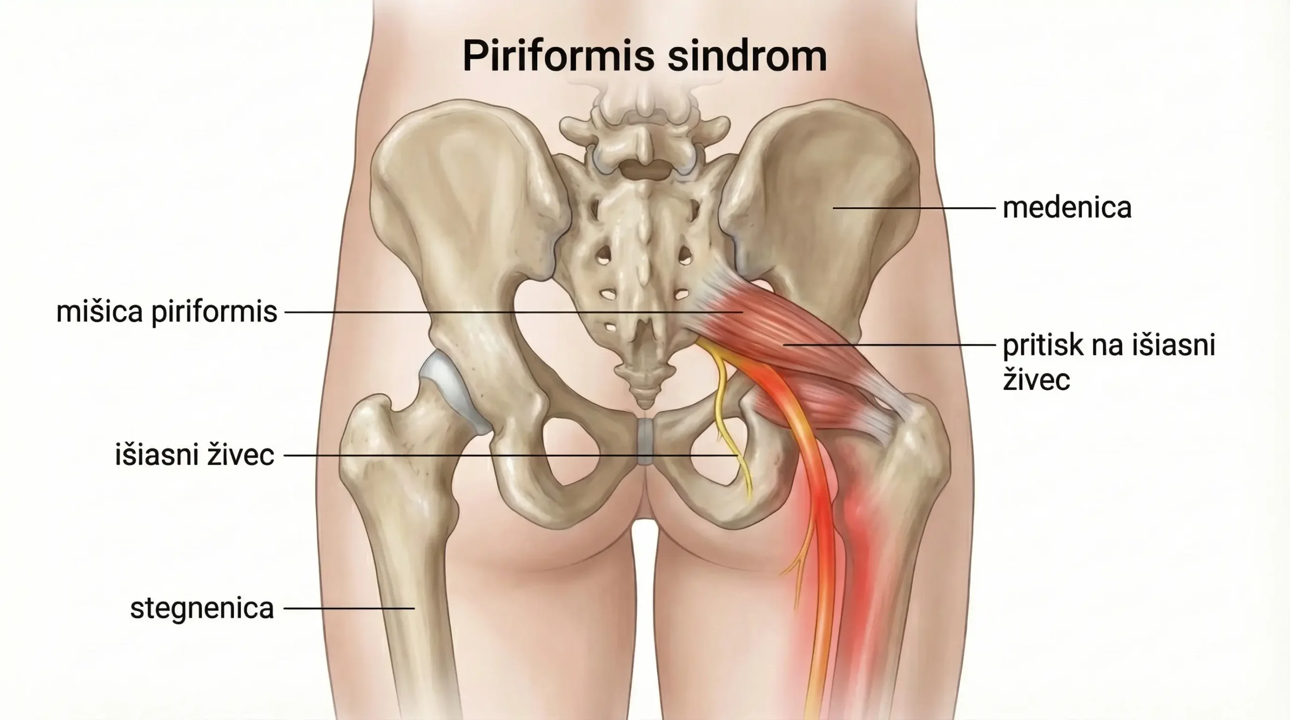 piriformis sindrom ilustracija pritisk na išiasni živec bolečina zadnjica širjenje bolečine po nogi