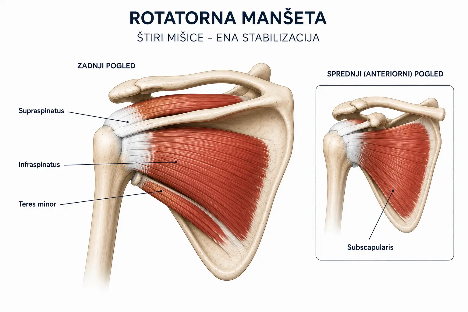 Anatomska ilustracija rotatorne manšete z mišicami supraspinatus, infraspinatus, teres minor in subscapularis